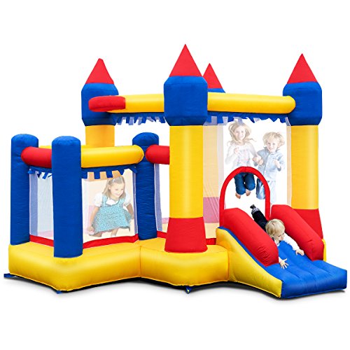 Costzon Inflatable Bounce House, Kids Castle Jumper w/Large Jumping Area, Surrounded Mesh Walls, Slide, Basketball Hoop, Including Oxford Carry Bag, Repair Kit, Stakes (Without Blower)